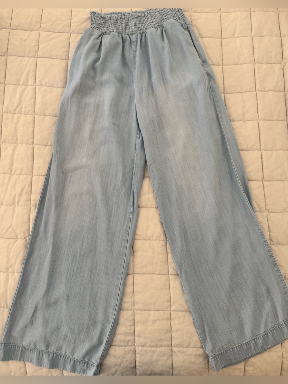 Bella Dahl Tencel Chambray Wide Leg Smocked Pants Blue S